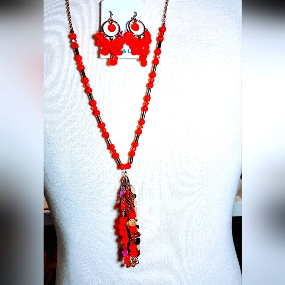 Long Statement AB reflective Orange sequin Gold  Beaded Necklace and Earring Set